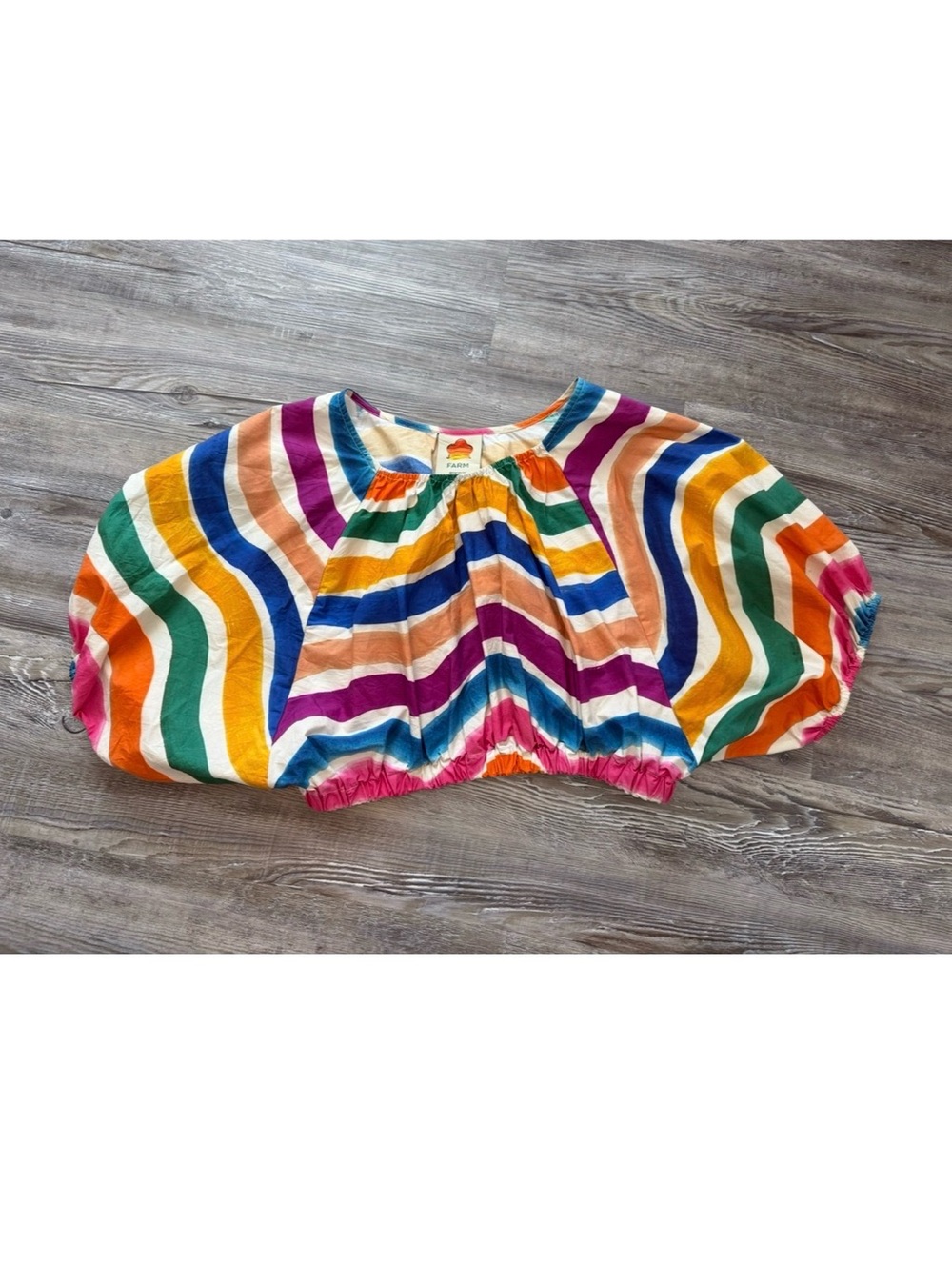 Farm Rio Dancing Stripes Puff Sleeve Cropped Top Size Medium
